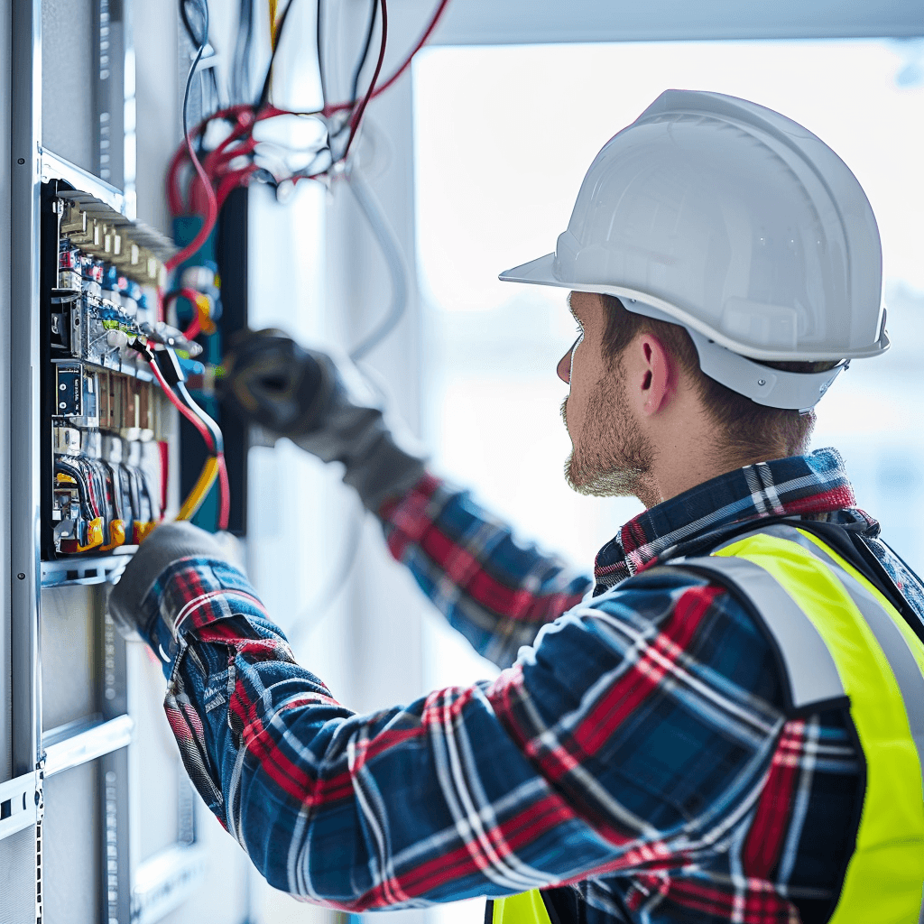 Picture of an electrician working on a circuit board 