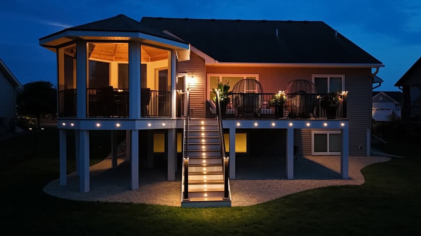 Modern cabin exterior with deck and warm lighting at dusk